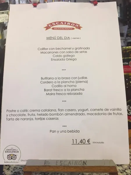 menu 1 of Restaurante Escairon