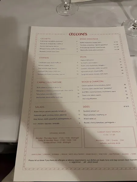 menu 0 of Cecconi's