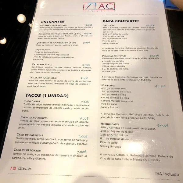 menu 1 of Iztac