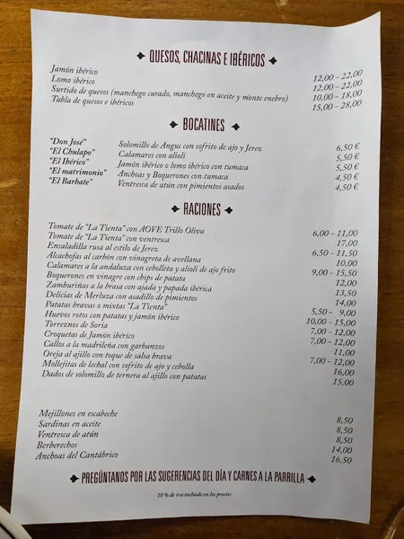 menu 2 of Taberna La Tienta