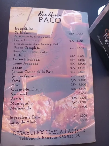 menu 2 of Bar Mesón Paco