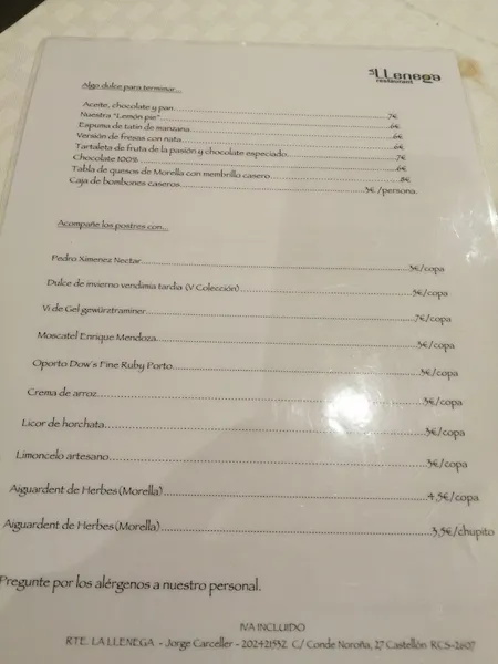 menu 1 of La Llenega