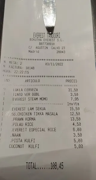 menu 0 of Restaurante Everest Tandoori