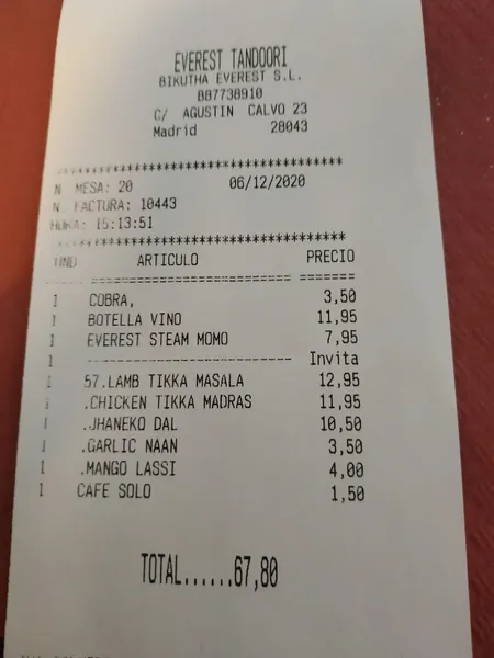 menu 1 of Restaurante Everest Tandoori