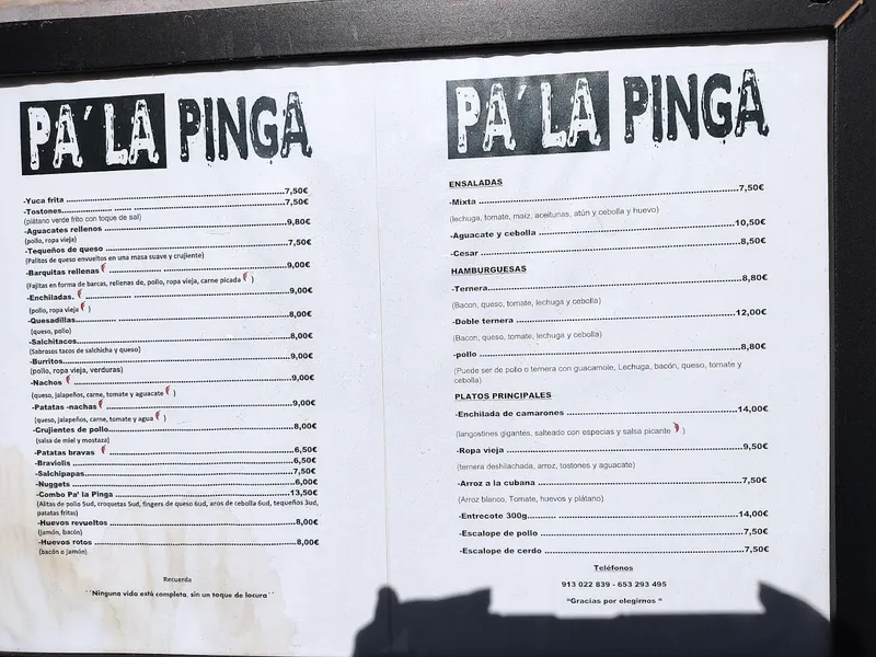 menu 0 of PA’ LA PINGA