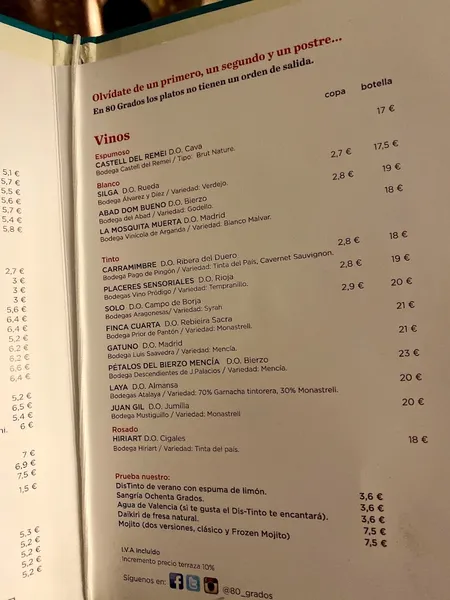 menu 2 of Ochenta Grados Malasaña