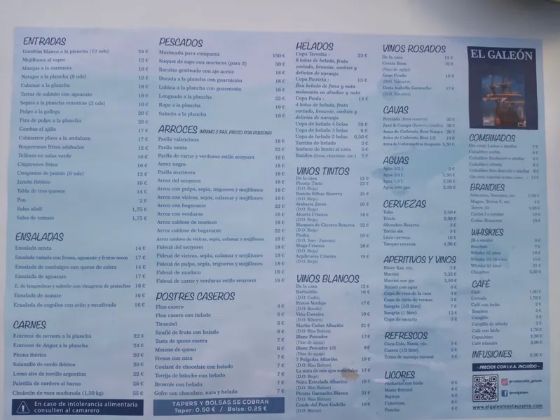 menu 1 of El Galeón