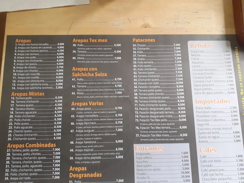 menu 1 of El Palacio de las Arepas