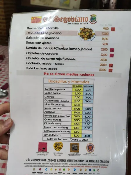 menu 2 of Mesón Restaurante EL SEGOVIANO