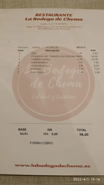 menu 1 of Restaurante La Bodega de Chema