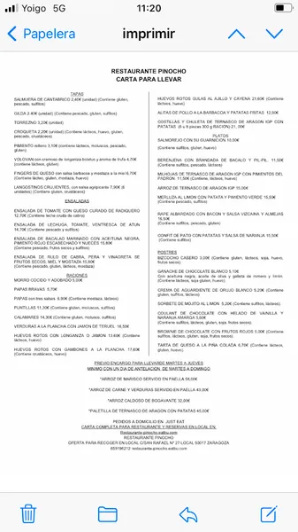 menu 0 of Restaurante Pinocho