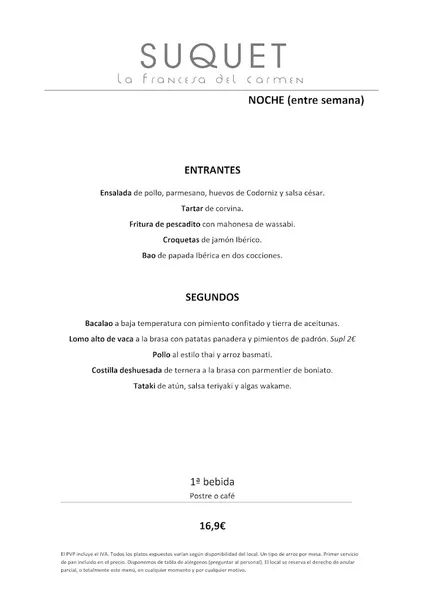 menu 1 of Restaurante SUQUET La Francesa del Carmen
