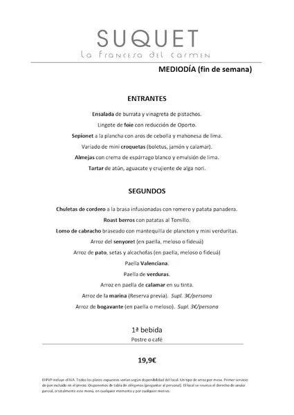 menu 2 of Restaurante SUQUET La Francesa del Carmen