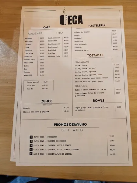 menu 0 of FECA Specialty Coffee