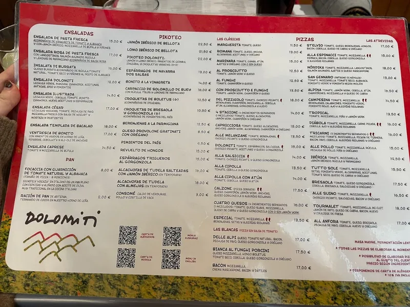 menu 0 of Pizzería Dolomiti