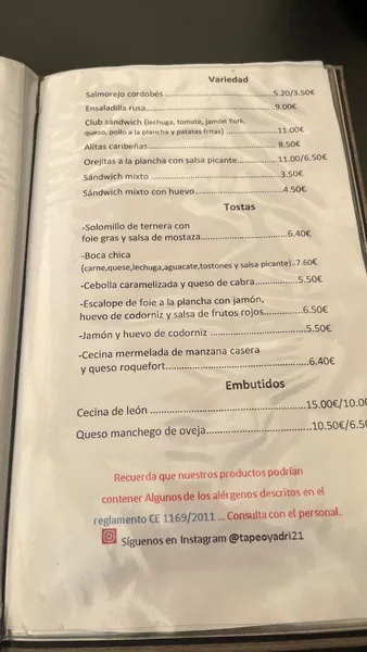 menu 1 of El Tapeo de Yadri