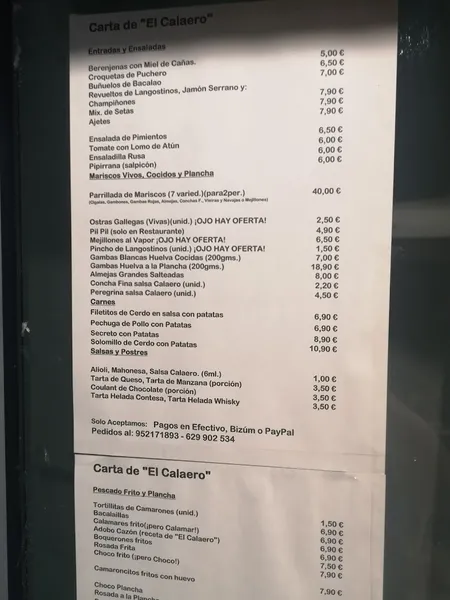 menu 2 of La Bodeguita De El Calaero