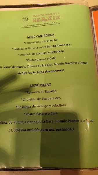 menu 2 of Restaurante Beraia