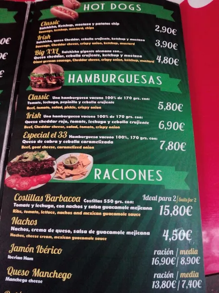 menu 0 of The Thirty Three IRISH PUB