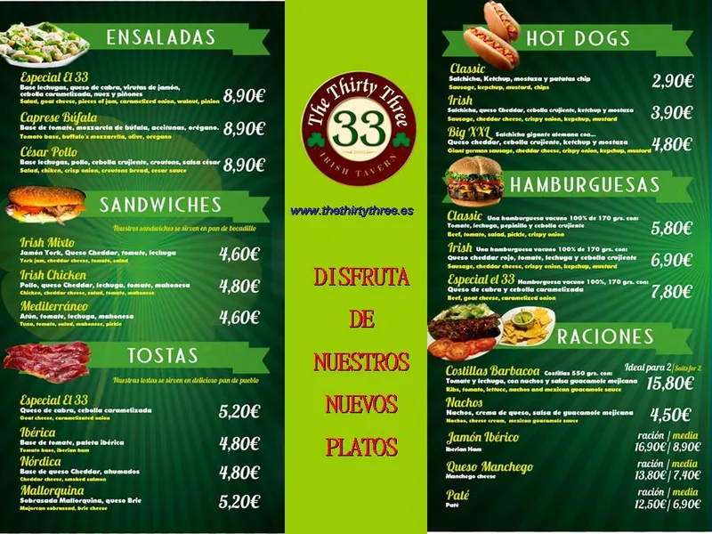 menu 2 of The Thirty Three IRISH PUB