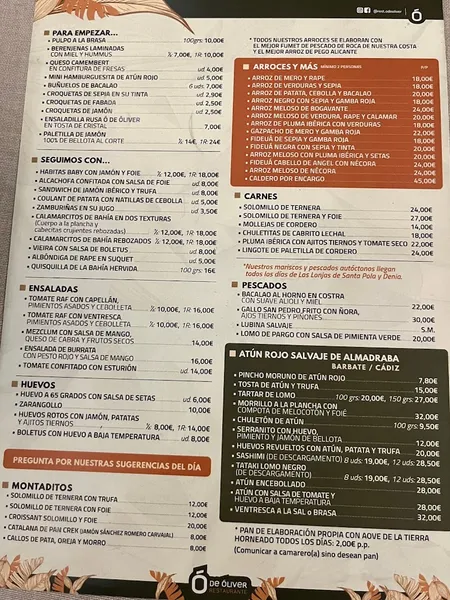 menu 0 of O de Oliver - Restaurante en Alicante