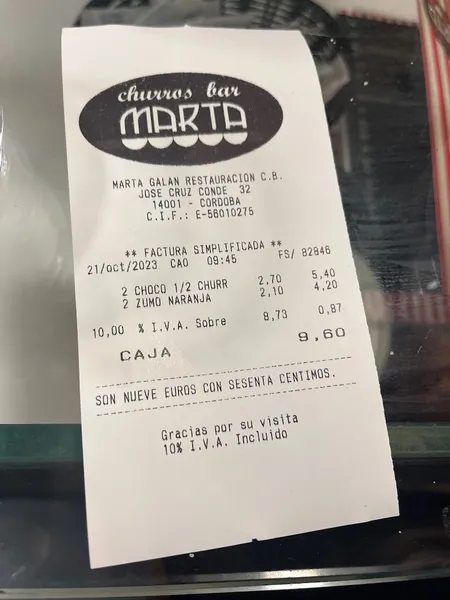 menu 2 of Churros Bar MARTA