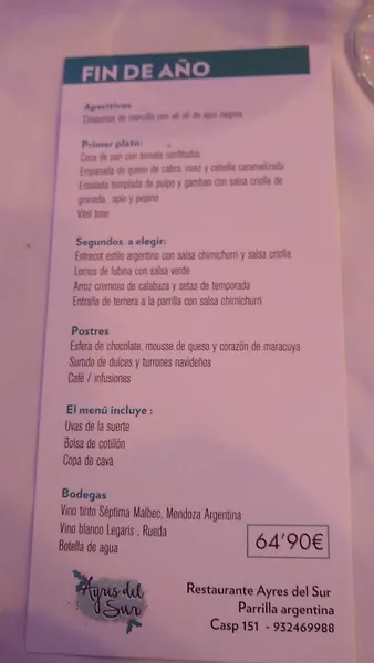 menu 1 of Ayres del Sur