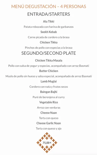 menu 0 of Restaurante indio Taj Mahal Valencia