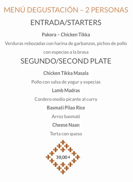 menu 2 of Restaurante indio Taj Mahal Valencia