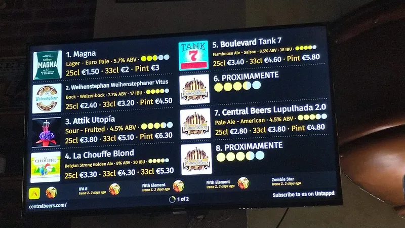 menu 2 of Central Beers Craft Beer