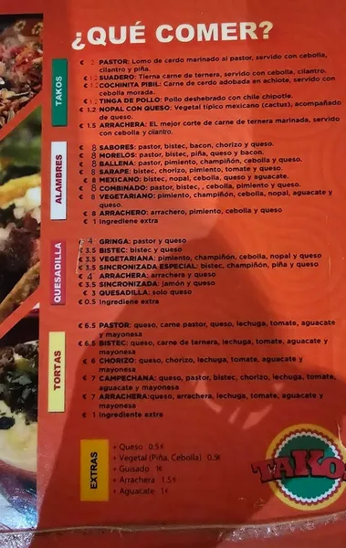 menu 1 of Takos Al Pastor