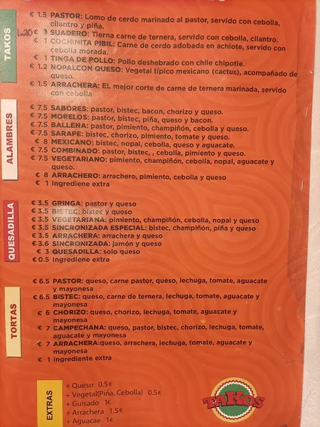 menu 2 of Takos Al Pastor