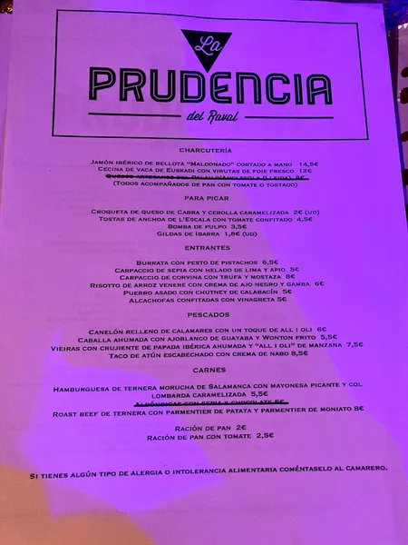 menu 0 of La Prudencia del Raval
