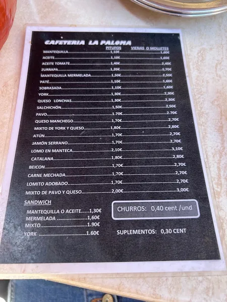 menu 1 of Cafeteria La Paloma