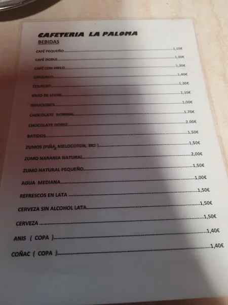 menu 2 of Cafeteria La Paloma