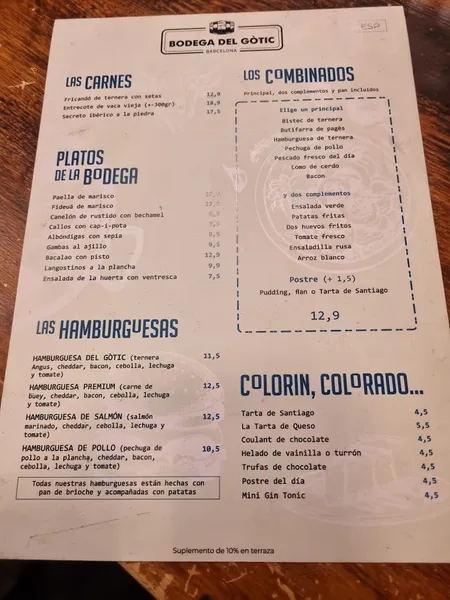menu 1 of Bodega del Gòtic
