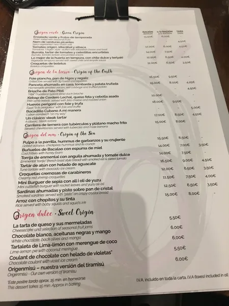 menu 1 of Origen Taberna Madrid