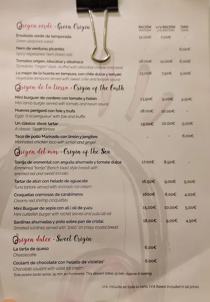 menu 2 of Origen Taberna Madrid