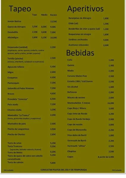 menu 0 of Bar La Tranca