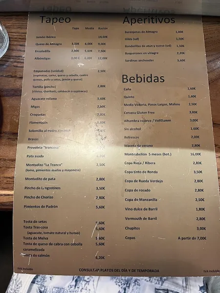 menu 1 of Bar La Tranca