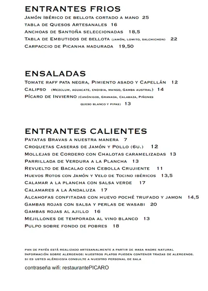 menu 1 of Picaro 1999
