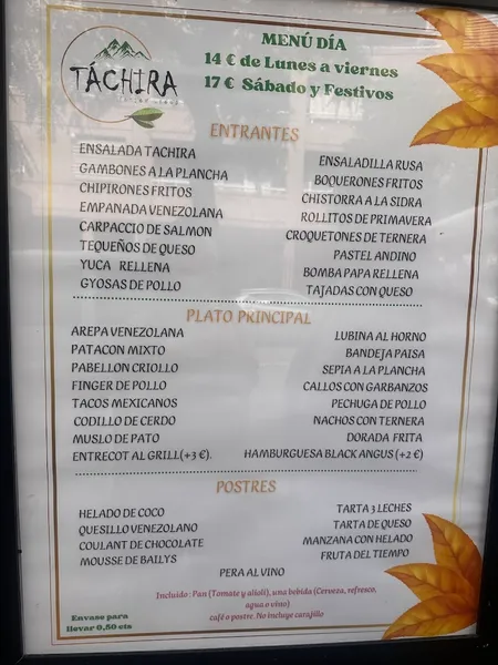menu 1 of TÁCHIRA fusion food