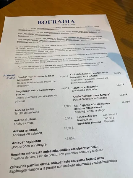 menu 1 of Restaurante Kofradia - Itsas Etxea