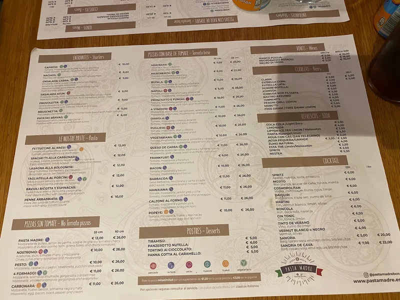 menu 2 of Pasta Madre
