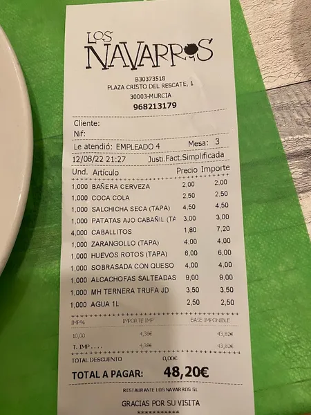 menu 2 of Los Navarros