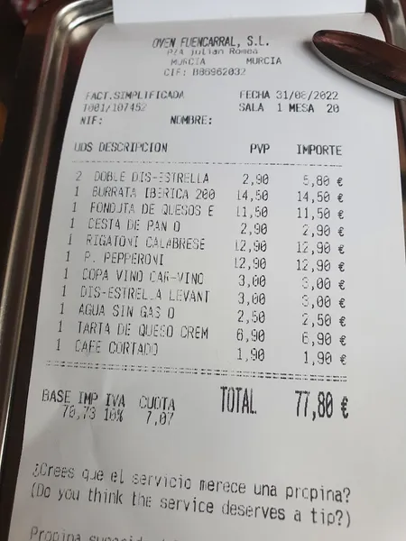 menu 0 of Oven Mozzarella Murcia