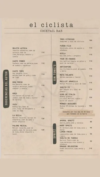 menu 0 of El Ciclista Cocktail Bar