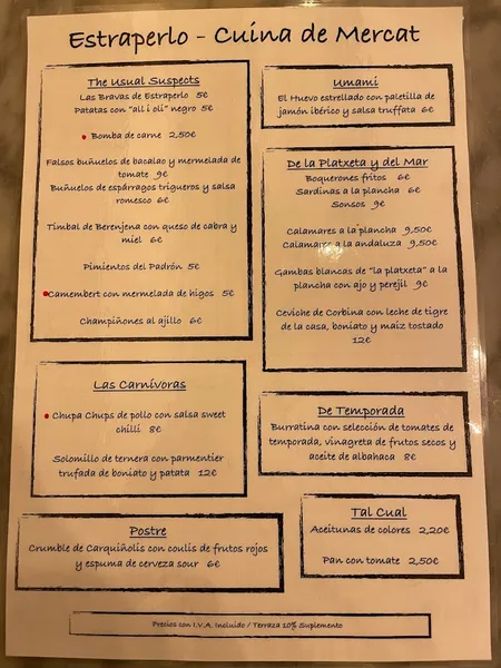 menu 1 of Estraperlo Barceloneta