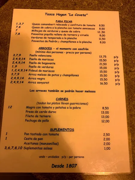 menu 1 of Tasca Hogan “La Coveta”