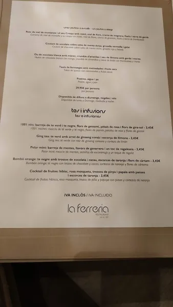 menu 2 of RESTAURANT LA FERRERIA DES DE 1987